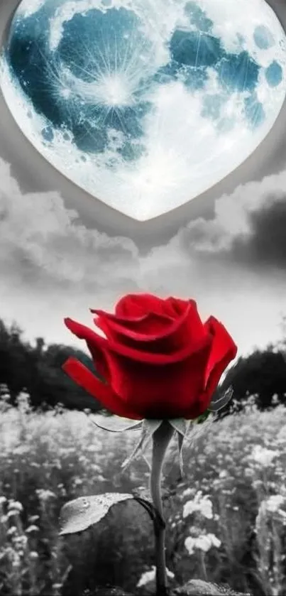 Red rose under a heart-shaped moon.