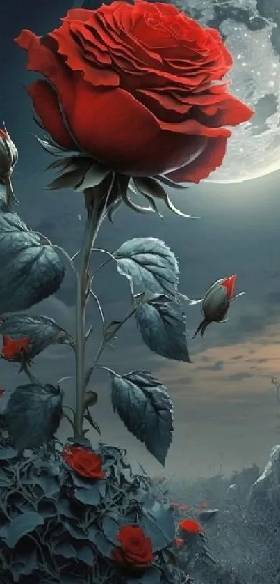 A stunning red rose beneath a full moon in a night garden scene.