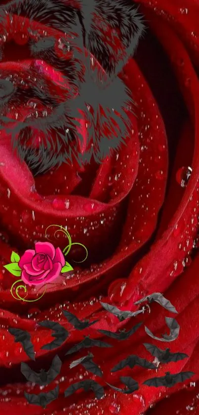 Vibrant red rose with artistic dog face design.