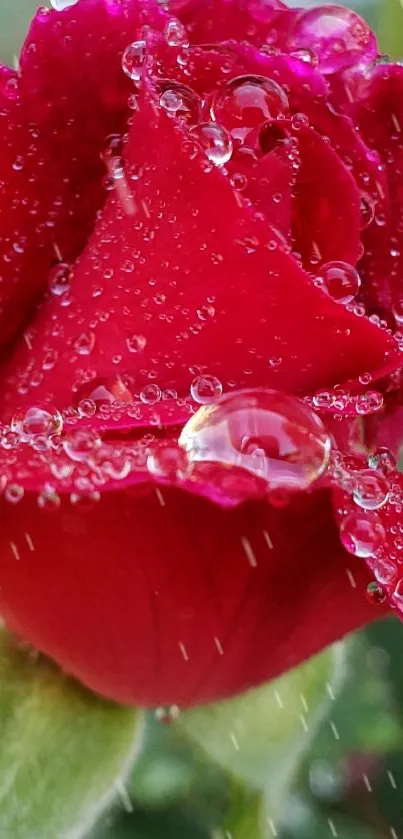 Red rose with dew drops and green leaves in the garden background.