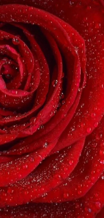 Close-up of a red rose with dew drops on petals.