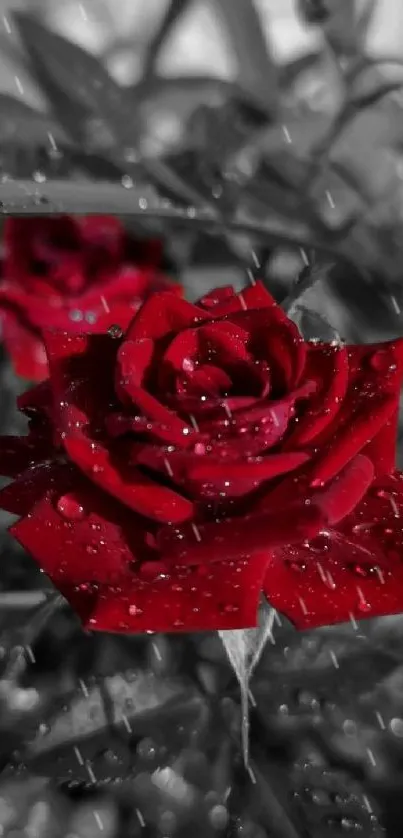 Vibrant red rose with dewdrops in a monochrome background.