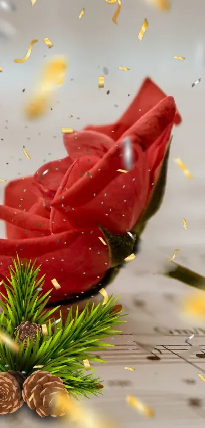 Red rose with pine cones and golden confetti on a blurred background.