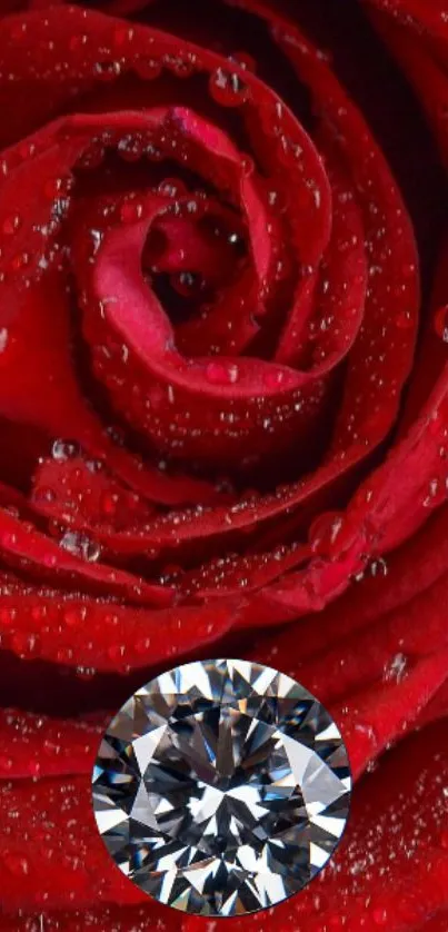 Elegant red rose with diamond and raindrops digital wallpaper.