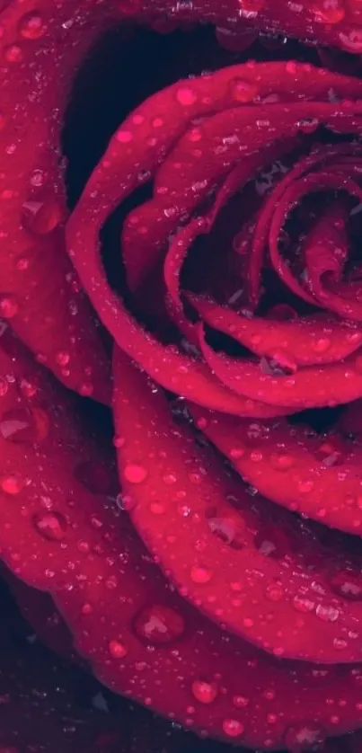 Close-up of a red rose with water droplets on petals.