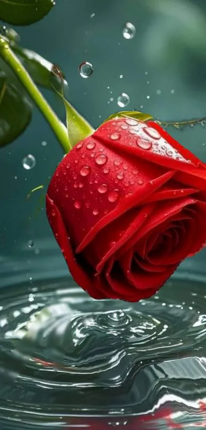 Red rose with water droplets floating on water surface.