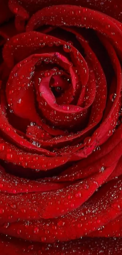 Close-up of a red rose with water droplets on petals.