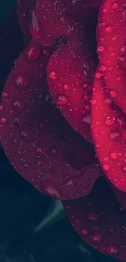 Close-up of a red rose with water droplets, perfect for wallpaper.