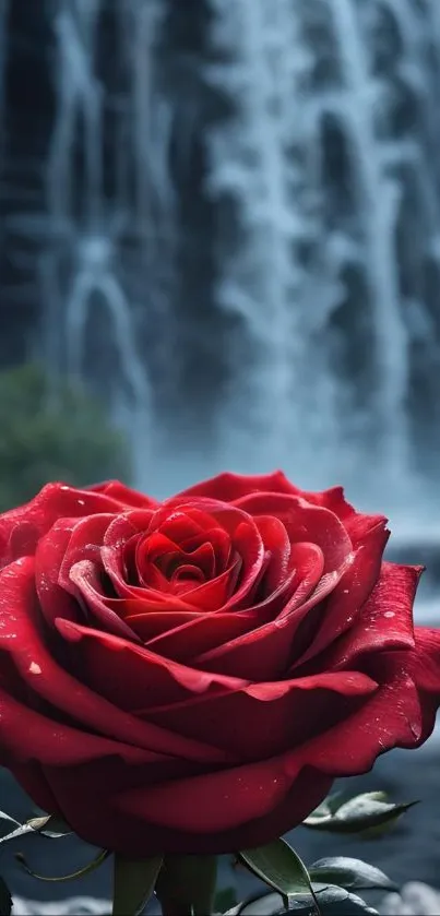 A vibrant red rose with a waterfall background.