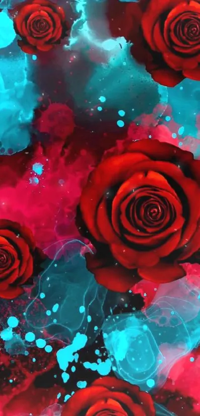 Red roses with blue splashes, abstract art wallpaper.