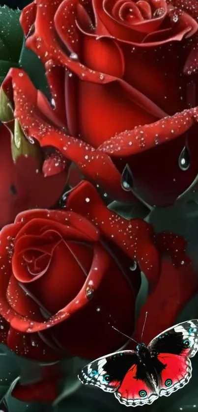 Red roses decorated with dew and a butterfly.