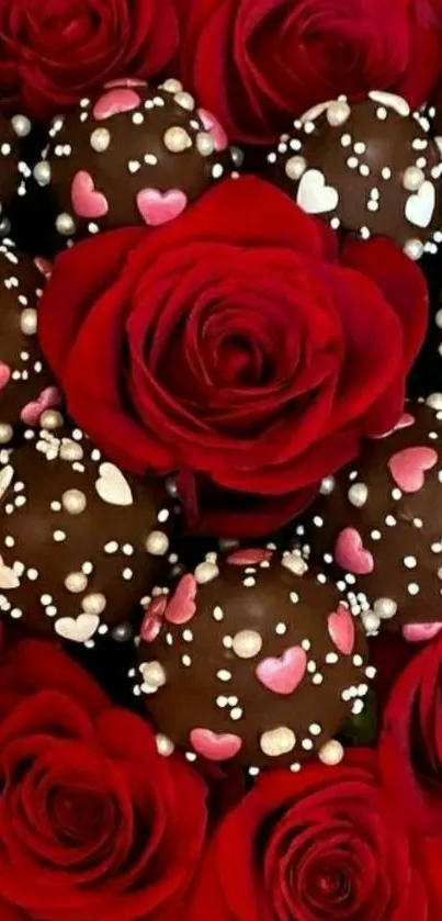 Red roses and chocolates with heart accents wallpaper.