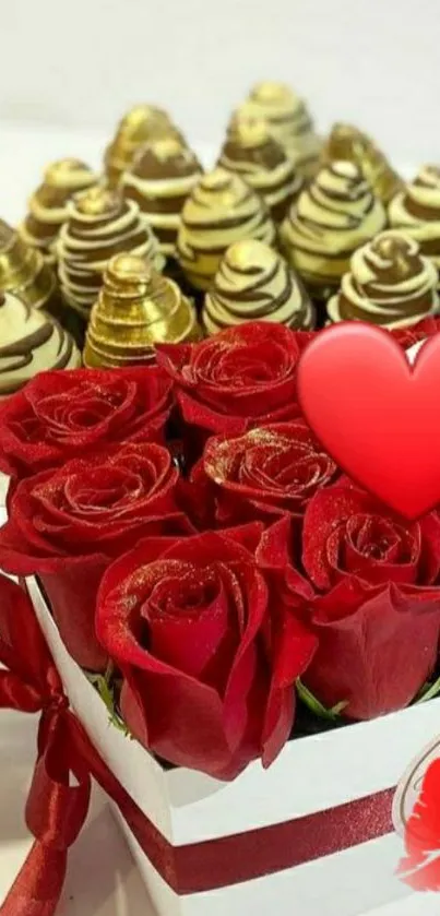 Red roses and chocolates in a gift box with heart symbol.