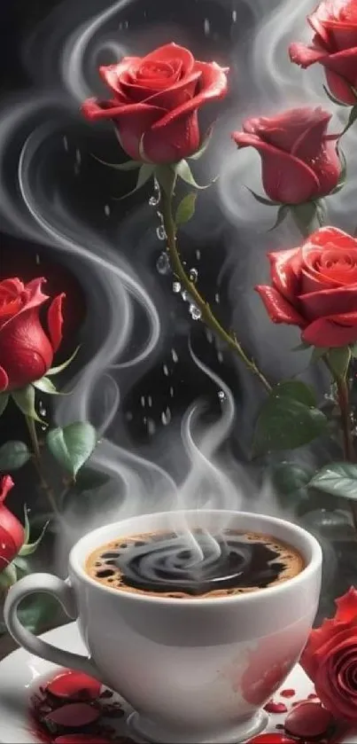 Red roses with steaming coffee cup in elegant wallpaper design.