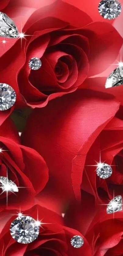 Elegant wallpaper of red roses with sparkling diamonds.