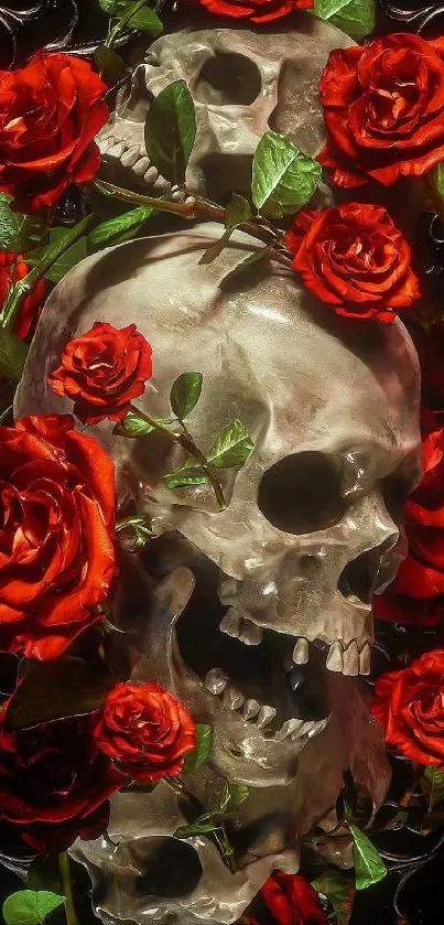 Skulls entwined with vibrant red roses on dark background.