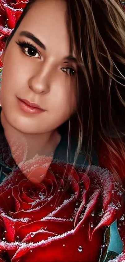 Artistic wallpaper of red roses and a female portrait.