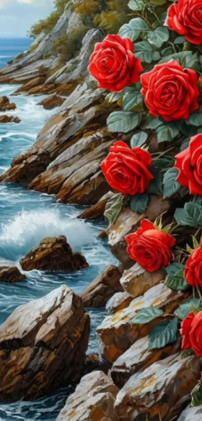 Red roses blooming on a coastal cliff overlooking the sea.