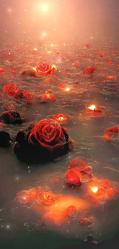 Glowing red roses floating on a mystic water surface, creating a tranquil ambiance.