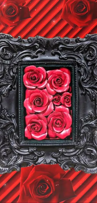 Mobile wallpaper featuring red roses in a vintage black frame design.