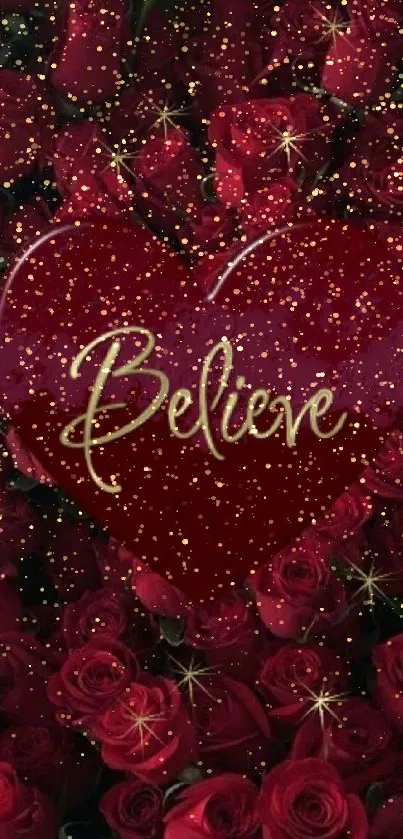 Heart with 'Believe' text on red roses background.