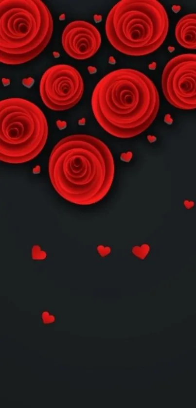 Black wallpaper with red roses and heart shapes for a romantic phone theme.