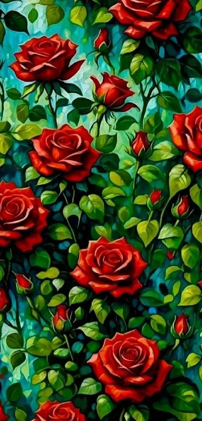 Vibrant red roses and green leaves wallpaper