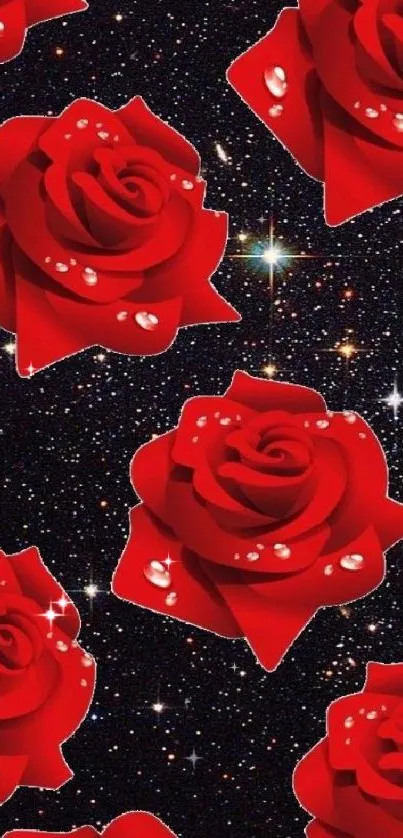 Red roses with dewdrops on a starry night backdrop.