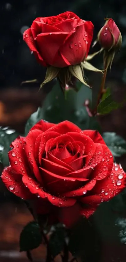 Red roses with raindrops mobile wallpaper, showcasing nature's elegance.