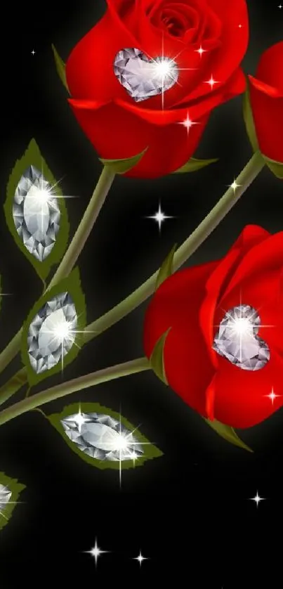 Mobile wallpaper of red roses with sparkling diamond accents on a black background.