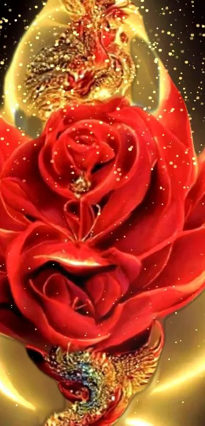 Red roses with golden details and flames on a dark background.