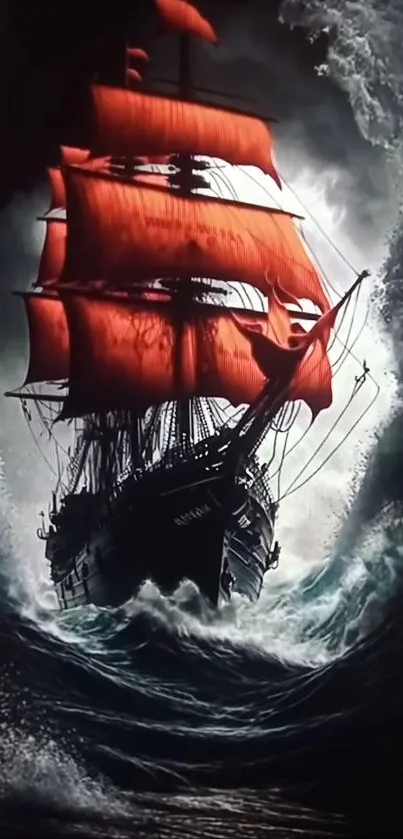 Ship with red sails amid stormy seas and crashing waves.