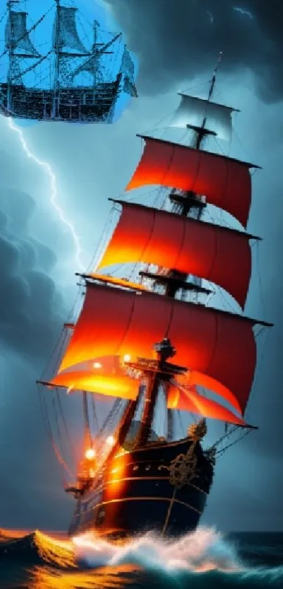 Ship with red sails on stormy ocean with lightning and dark clouds.