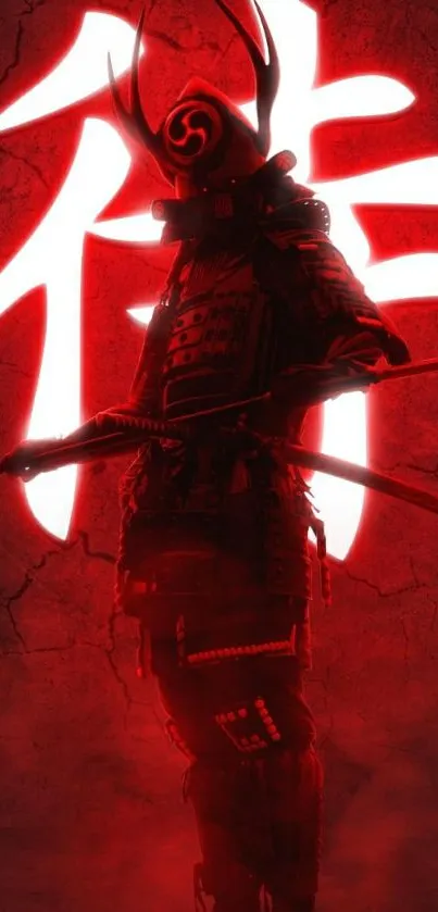 Red Samurai silhouette against glowing background.