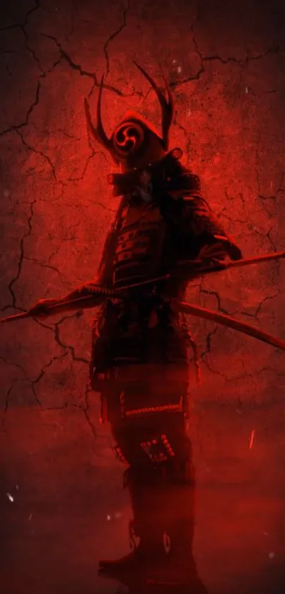 Red samurai warrior stands against cracked wall in striking mobile wallpaper.