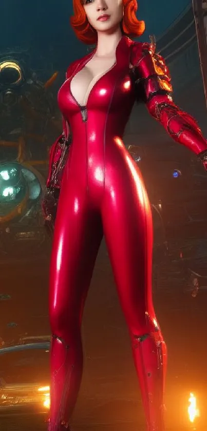 Woman in a glossy red sci-fi suit standing in a futuristic setting.