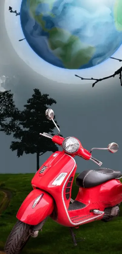 Vivid red scooter under a fantasy sky with lush greenery.