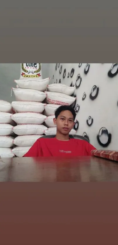 Man in red shirt with rice sacks and abstract wall.