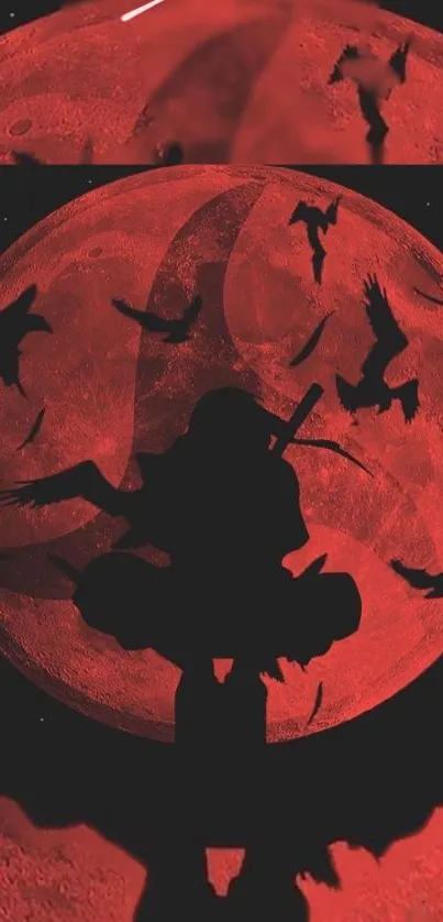 Ninja silhouette with birds against a red moon background.