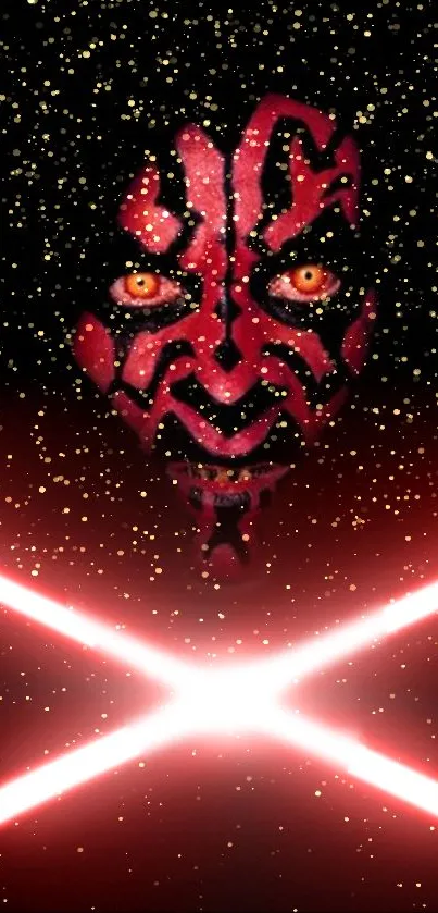 Sith character with red face and lightsabers in a starry dark theme wallpaper.