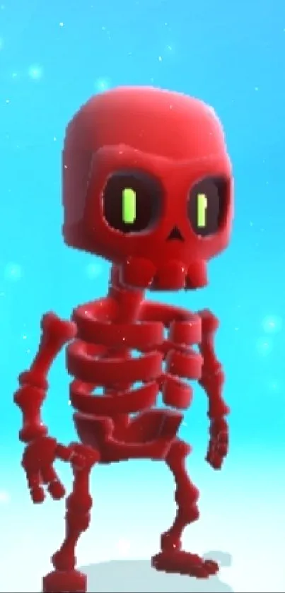 Red skeleton cartoon character on blue background.