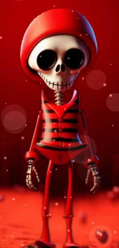 Red cartoon skeleton with a vibrant background.