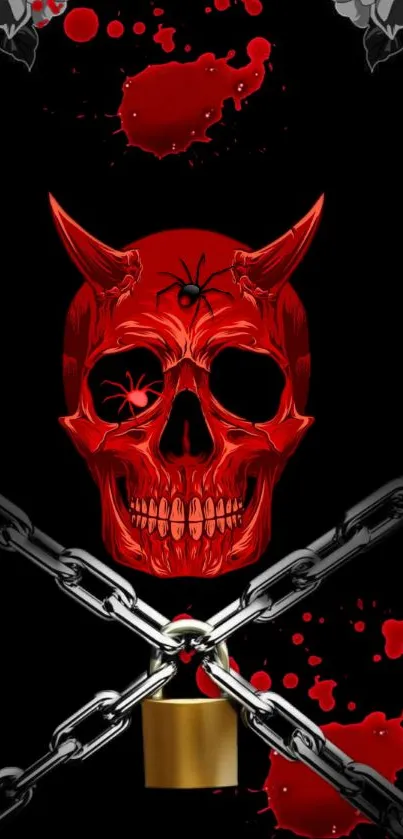 Red skull with gothic chains on a black background.