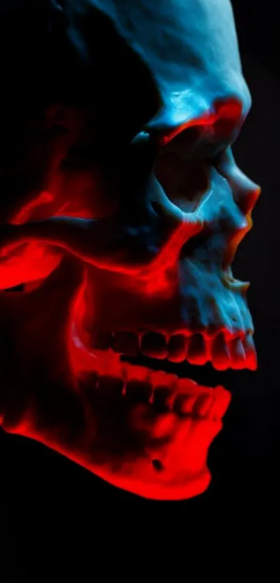 Red skull on dark background with dramatic lighting.