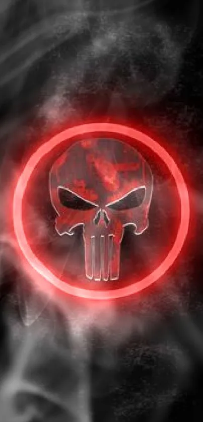 Red skull with neon ring on black background mobile wallpaper.