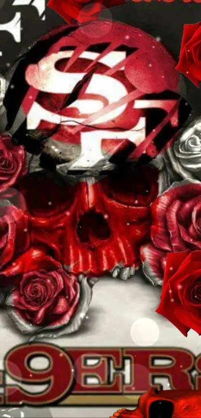 Red skull with roses wallpaper featuring gothic design.