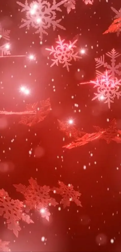 Red festive wallpaper with snowflakes.