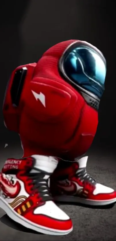 Red spacesuit plush character with sneakers on dark background.