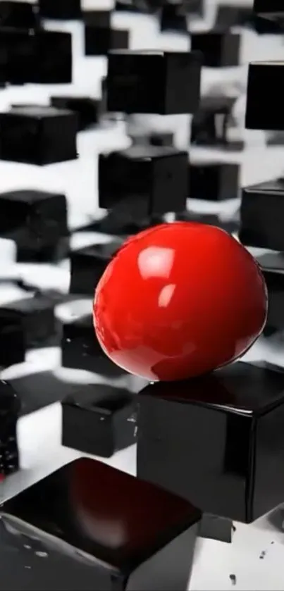 Red sphere surrounded by black cubes on a dynamic background.