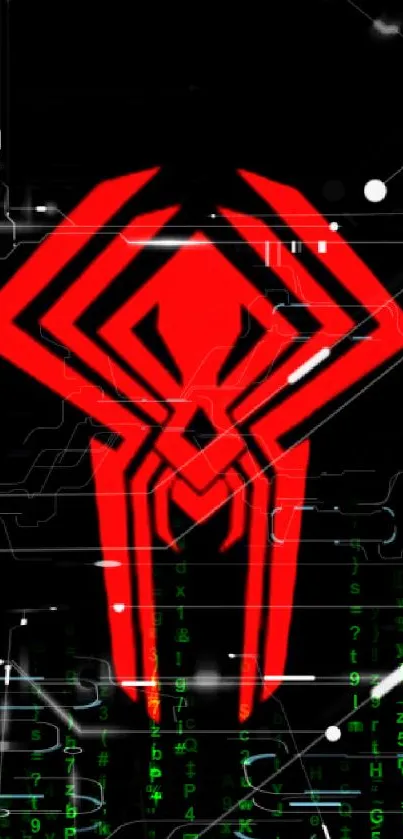 Red digital spider design on a black background with futuristic elements.
